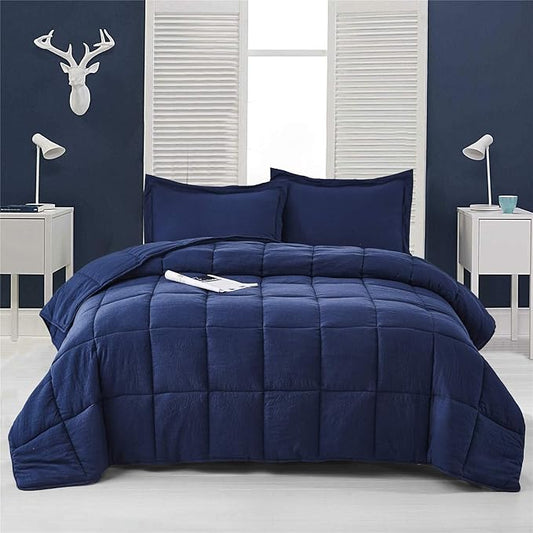HIG 3pc Prewashed All Season Down Alternative Comforter Duvet Insert -Quilted Comforter with Corner Tabs -Box Stitched -250GSM Fiberfill Chic Farmhouse Style Bedding(Salomon,King,Navy)