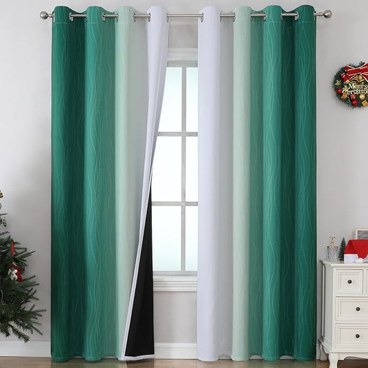 Estelar Textiler Green and Grayish White Ombre Blackout Curtains for Bedroom, Thermal Insulated Blackout Drapes, Full Light Blocking Energy Saving Long Curtains for Living Room, 52Wx108L, 2 Panels