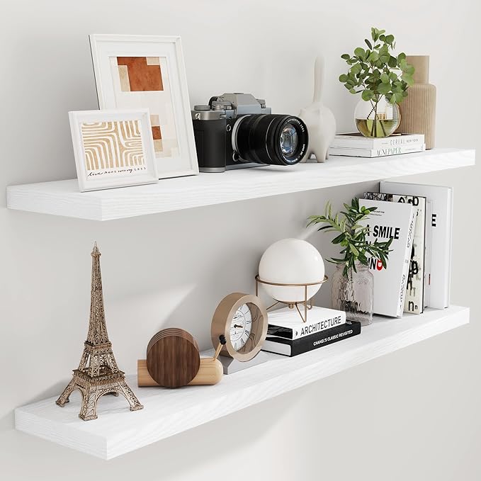Fun Memories Floating Shelves 55 Inch Set of 2, White 55 x 9.3 Wall Shelves for Home Decor Storage, Rustic Wood Floating Shelf for Wall, 9.3 Inch Deep Shelving for Bathroom, Living Room, Kitchen