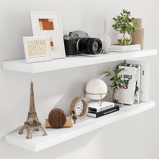 Fun Memories Floating Shelves 55 Inch Set of 2, White 55 x 9.3 Wall Shelves for Home Decor Storage, Rustic Wood Floating Shelf for Wall, 9.3 Inch Deep Shelving for Bathroom, Living Room, Kitchen