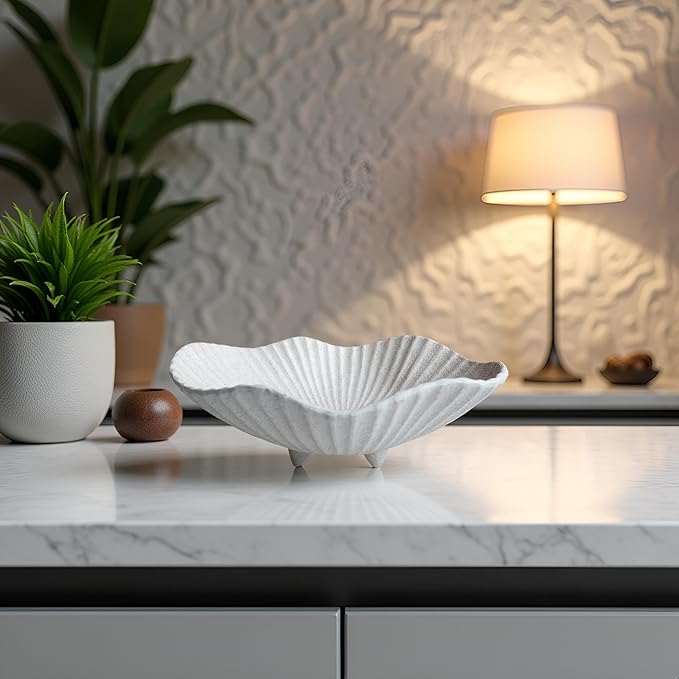 Large Decorative Bowl decor, Scalloped Pedestal Bowls,Modern Home Decor,Ruffle Decor,Stylish Key Bowl for Entry Table,Decorative Fruit Bowl for Kitchen Counter, Light Gray