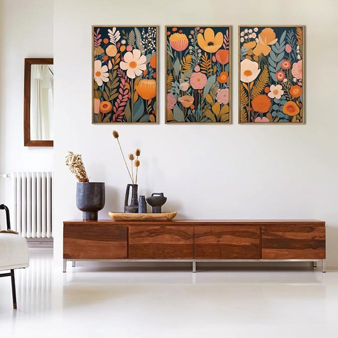 IARTTOP Large Floral Framed Canvas Wall Art 16x24 Inch Orange Abstract Blossom Flowers Wall Decor Set of 3 Mid-century Modern Boho Botanical Art Prints for Living Room Bedroom Office