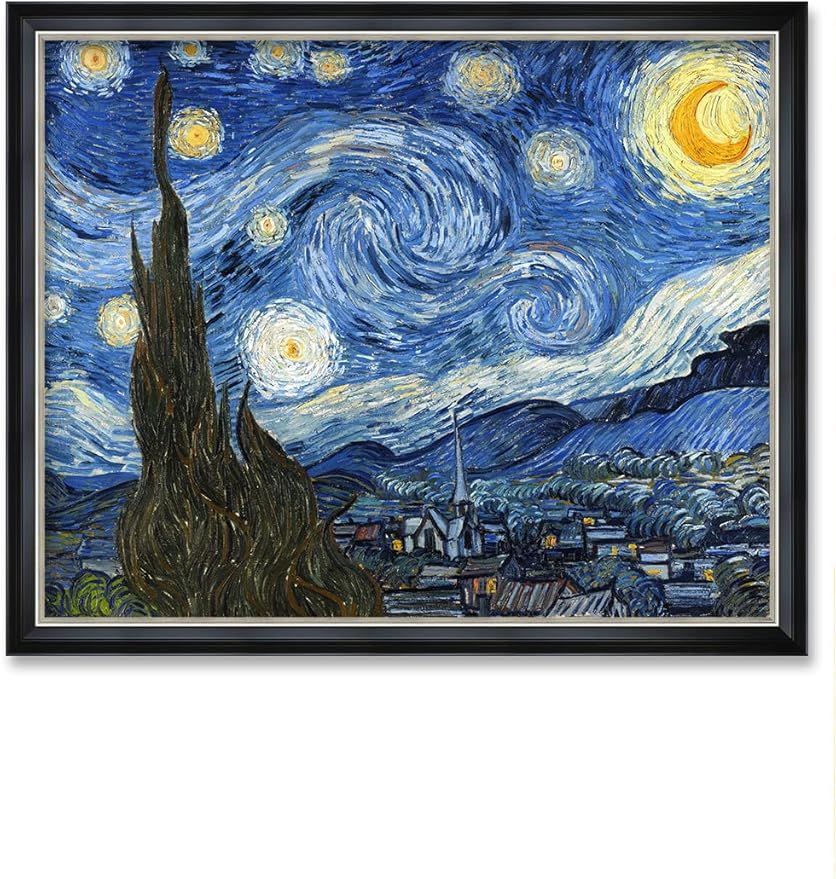 DECORARTS - Starry Night by Vincent Van Gogh Art Reproduction. Oversize Solid Wooden Frame Matching with Giclee Prints Canvas Wall Art. Total framed size: 43x35