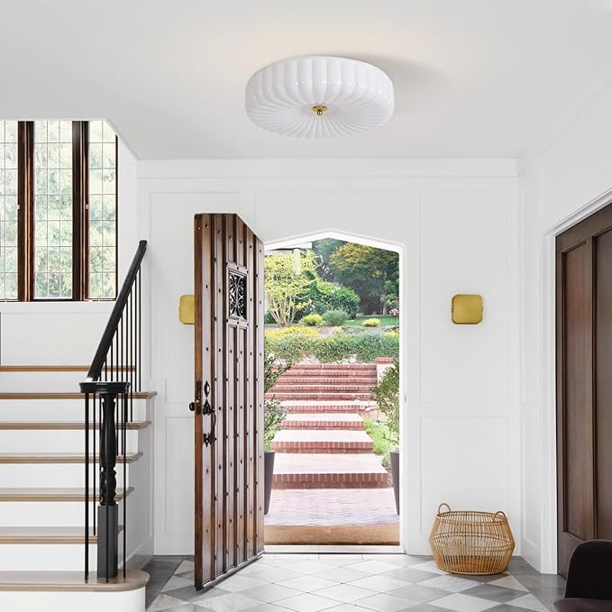 KCO Lighting White Ribbed Glass Flush Mount Ceiling Light Large Milk Glass Ceiling Lights Round LED Semi Flush Mount Ceiling Light Fixture Contemporary Hallway Ceiling Lighting