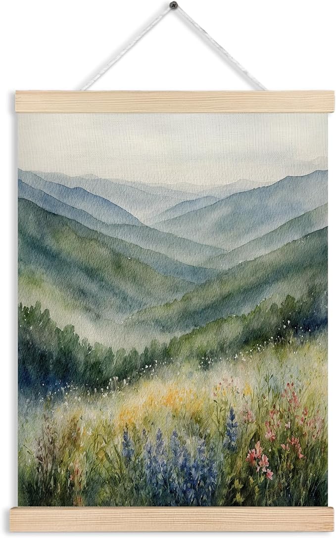 FITIE Green Mountains Forest Wall Art, Mountain Wall Decor, Rustic Farmhouse Forest Wall Art Decor, Watercolor Blue Ridge Mountains Wildflower Nature Landscape Canvas Wall Art Poster Hanger Frame, 12x16 Inches
