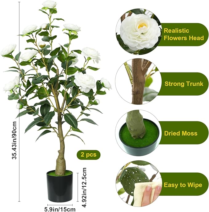 3ft Artificial Camellia Tree with White Silk Flowers - Realistic Faux Flowering Plant for Indoor/Outdoor Decor, Home Staging & Wedding Centerpieces-2pack