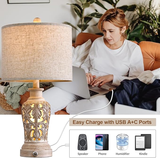OYEARS 21.75’’Touch Control 3-Way Dimmable Table Lamp Set of 2, Retro Farmhouse Lamp with USB A+C Port, Vintage Nightlight Lamp for Living Room Bedroom Office, (Including 2 Bulbs)