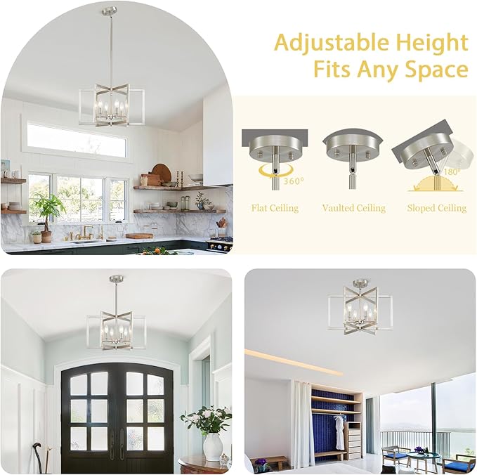 Brushed Nickel Chandelier 6-Light Modern Geometric Metal Lighting Fixture for Dining Room Kitchen Island Living Room Entryway Hallway Bedroom, 20 Inch Adjustable Pendant Ceiling Hanging Lamp