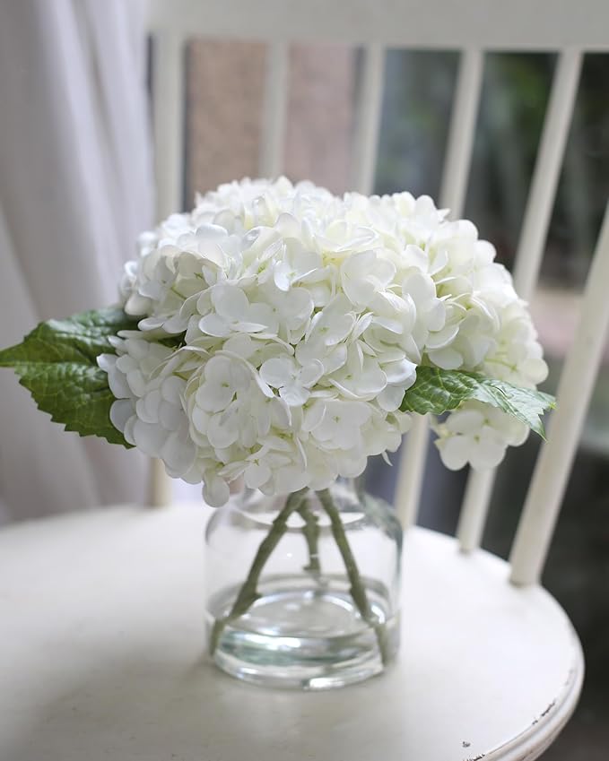 Real Touch Artificial White Hydrangea in Vase for Home Decoration, Fake Centerpieces for Tables, Lifelike Flowers for Bathroom, Office and Water Bar