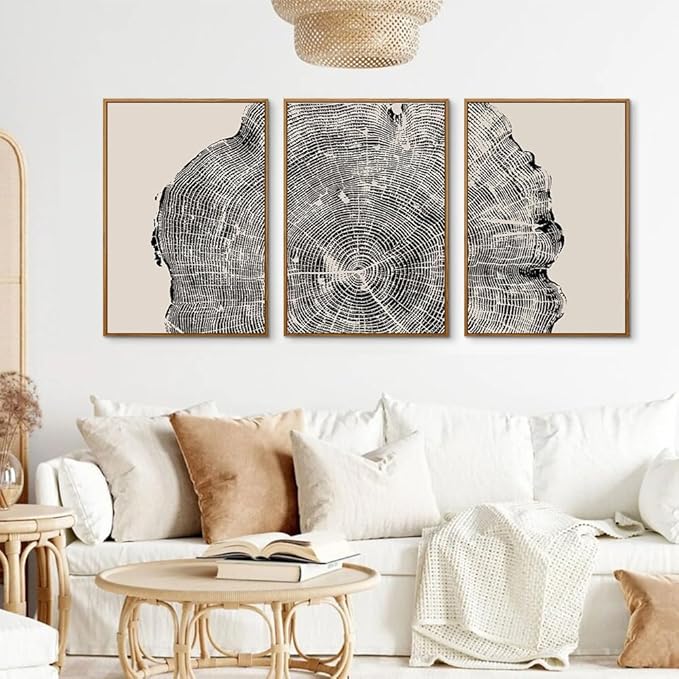 CHDITB Framed Tree Ring Wall Art Set of 3, 24"x36" Abstract Wood Stump Wall Decor, Large Black and White Wall Painting, Neutral Modern Nature Canvas Art Prints for Living Room, Bedroom, Farmhouse