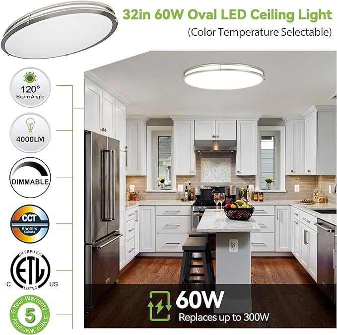 hykolity 32 Inch Oval LED Ceiling Light, 60W, 4000LM, 2700K/3000K/3500K/4000K/5000K Adjustable, Brush Nickel Finish Dimmable Flushmount Ceiling Light for Bedroom, Living Room