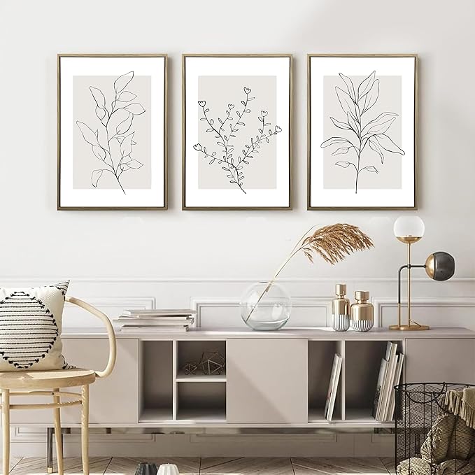 WRFON Neutral Botanical Canvas Wall Art, Minimalist Black Line Flower Poster Prints, Boho Beige Floral Wall Decor, Abstract Plant Leaf Aesthetic Picture for Bedroom Living Room Framed 16"x24"x3