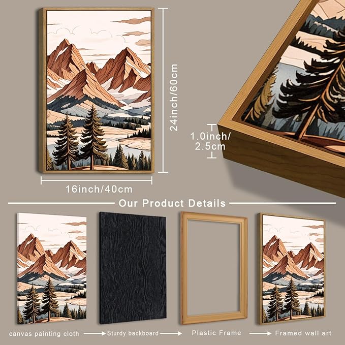 IARTTOP Framed Mountain Canvas Wall Art Large16x24 Inch Abstract Mountain Art Prints Set of 3 Vintage Nature Scenery Wall Decor for Living Room Bedroom Office