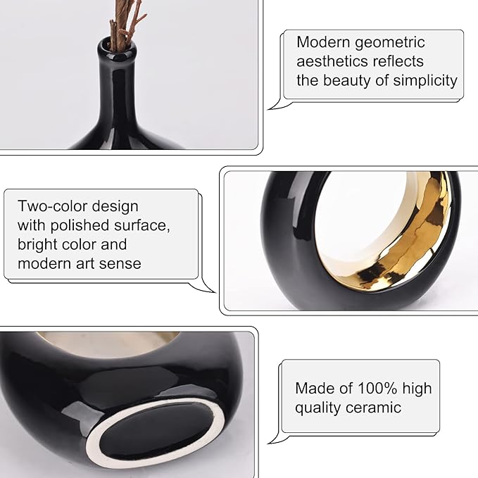 Black and Gold Vase Ceramic Black Vases Home Decor,Modern Minimalist Circle with Hole Decorative Vase, Hollow Ellipse Flower vases for Bookshelf, Fireplace Mantle, Centerpieces,Farmhouse,Rustic Décor