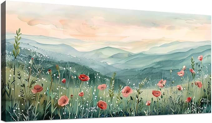 Tucai Decor Floral Landscape Canvas Wall Art 30 x 58 inches Poppies in Mountain Valley Home Decor Art Prints for Living Room Bedroom Office Ready to Hang
