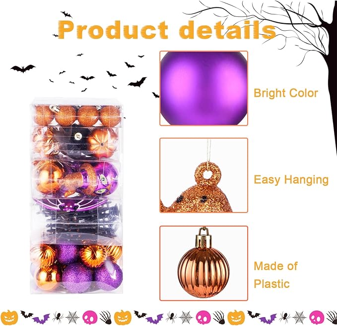 56pcs Halloween Hanging Ornaments for Tree Decorations, Shatterproof Plastic Hanging Halloween Ball Pendants with Pumpkin, Witches Hat Signs, Halloween Tree Decor Party, Holiday, Home (Multi New)