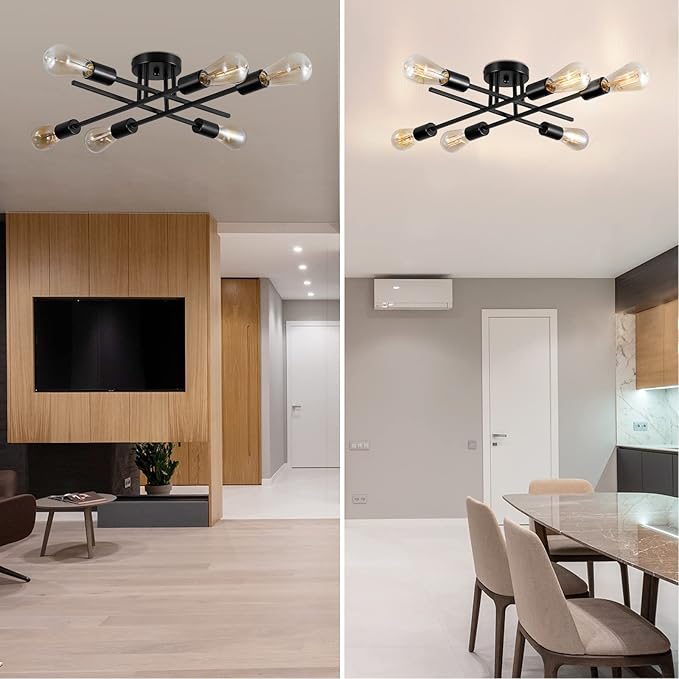 Sputnik Chandeliers, Modern Semi Flush Mount Ceiling Light with E26 Base, Mid Century Industrial Kitchen Farmhouse Light Fixtures for Bedroom Living Room (Black, Ceiling 6 Lights (Lengthen))