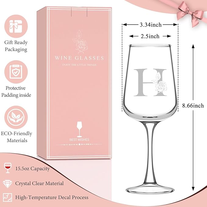 Monogrammed Wine Glass Gifts for Women - Personalized A-Z Wine Glasses with Gift Box & Greeting Card | Custom Mothers day, Anniversary, Birthday Gifts for Her, Mom, Wife, Best Friend, Sister,Woman (H)