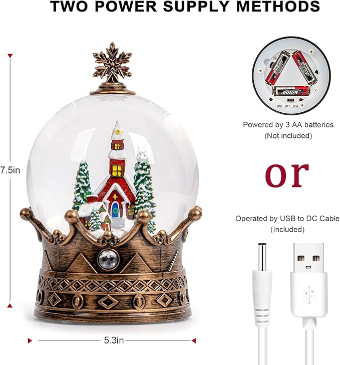 Christmas Snow Globe Lantern Water Glittering Churche Crown with Music, USB Lined/Battery Operated Lighted Lantern for Christmas Festival Decoration Gifts