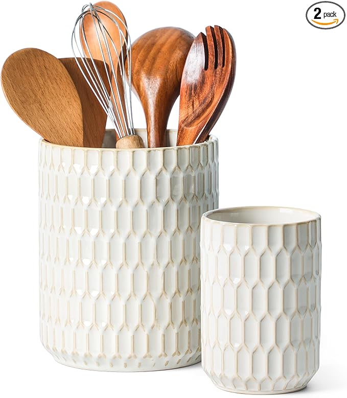 Utensil Holder, 7.3"+5.4" Ceramic Kitchen Utensil Holder for Countertop, Large Cooking Utensil Crock for Kitchen Counter, Set of 2, Beige