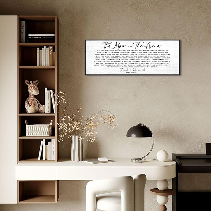 Motivational Wall Art Office Decor: The Man in The Arena Wall Art Canvas Print Framed Poster 32''×12'', Inspirational Gifts for Men, Positive Quotes Wall Decor for Modern Bedroom Living Room