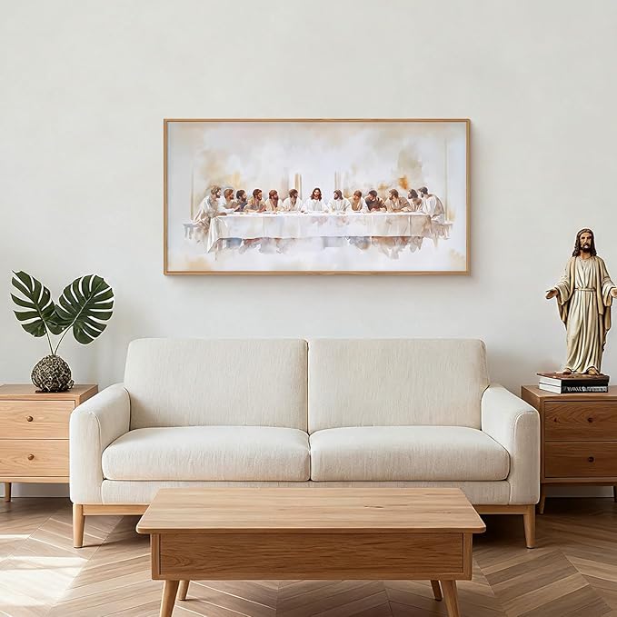 KAIRNE Jesus Last Supper Framed Canvas Wall Art Set, Christian Twelve Apostle Wall Decor, Bible Renaissance Wall Painting, Religious Picture Art Print for Living Room, Bedroom, Church, Large 20"x40"