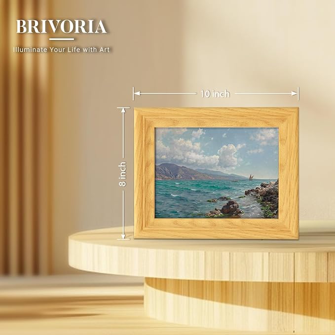 Brivoria Framed Canvas Wall Art Vintage Decor, Realistic Coastal Scene with Rocky Shore Clear Water and Sailboats Under Bright Blue Sky for Kitchen Shelf Bathroom or Tabletop Display, 8"x10"