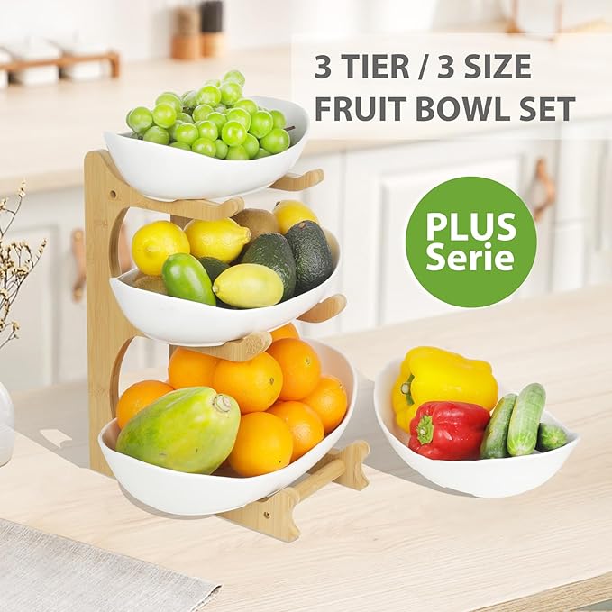 Seven Sparta 3 Tier Fruit Bowl for Kitchen Counter (PLUS Series) / Ceramic Serving Bowls with Bamboo Stand/Big Size Tiered Fruit Basket for Fruit Vegetable Storage, Dessert, Salad Buffet Server