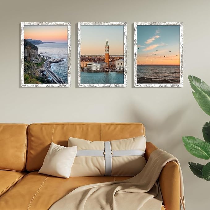 Vittanly 12x16 Picture Frames Set of 9, Shatter Resistant Plexiglass, Display 11x14 Pictures with Mat or 12x16 without Mat, Photo Frames for Wall Mount, Engineered Wood, Distressed White