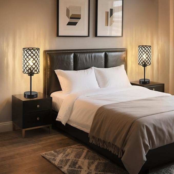 Touch Control Table Lamp, Black Crystal Table Lamps Set of 2 with 2 USB Charging Ports, 3-Way Dimmable Bedside Nightstand Lamps for Living Room, Bedroom, Guest Room, Bulbs Included