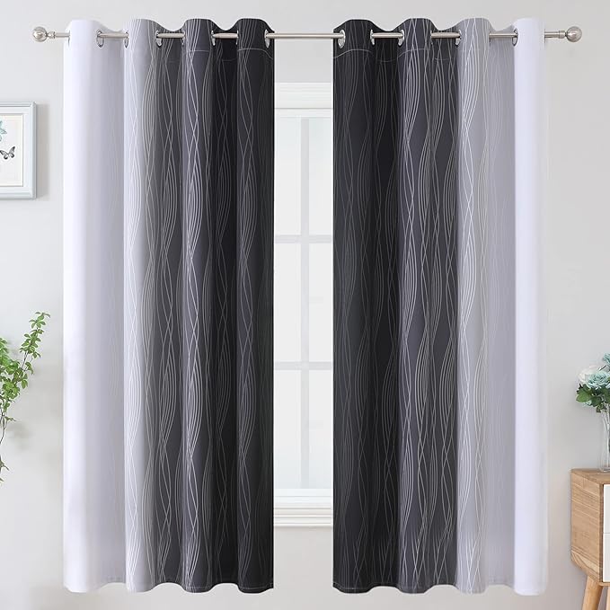 Estelar Textiler Ombre Greyish White Black Blackout Curtains & Drapes 63 Inch Length 2 Panels for Bedroom, Thermal Insulated Full Light Blocking Grommet Blackout Drapes for Kids Room, 52Wx63L, Adult