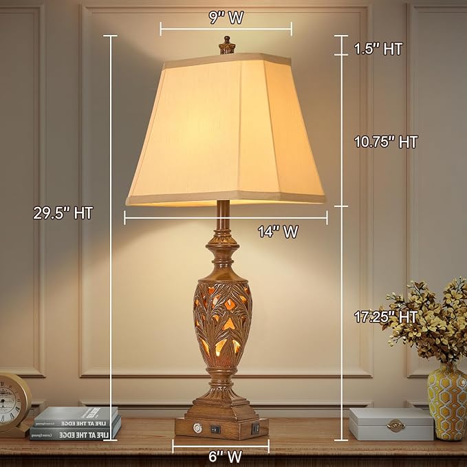 29.5"H Touch Control Traditional Table Lamp with Dual USB Ports, Set of 2, 3-Way Dimmable Hollow Out Leafwork Bronze Wood Finish Vintage Bedside Nightstand Desk Lamps for Living Room,Bedroom