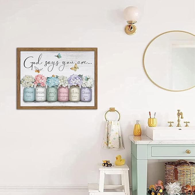 Wood Framed Inspirational Bible Verse Wall Art, Christian God Says You Are Wall Decor Paintings, Farmhouse Scripture Mason Jar Flower Pictures Posters Prints for Bathroom Bedroom Home Decor 12x16 Inch