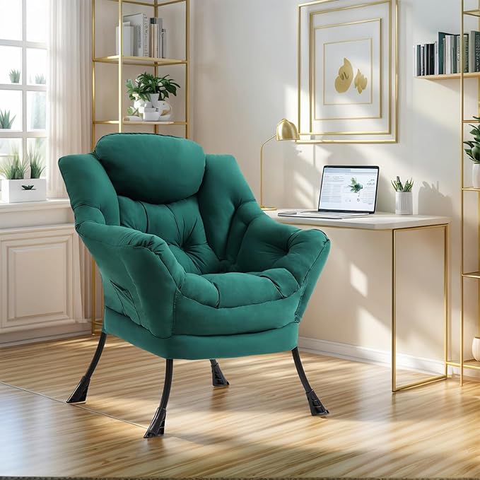 Lazy Chair for Living Room, Modern Accent Chairs with Armrests, Comfy Lounge Chair with Side Pocket, Cozy Lazy Sofa for Reading, Balcony, Bedroom, Dorm, Small Spaces (Dark Green)
