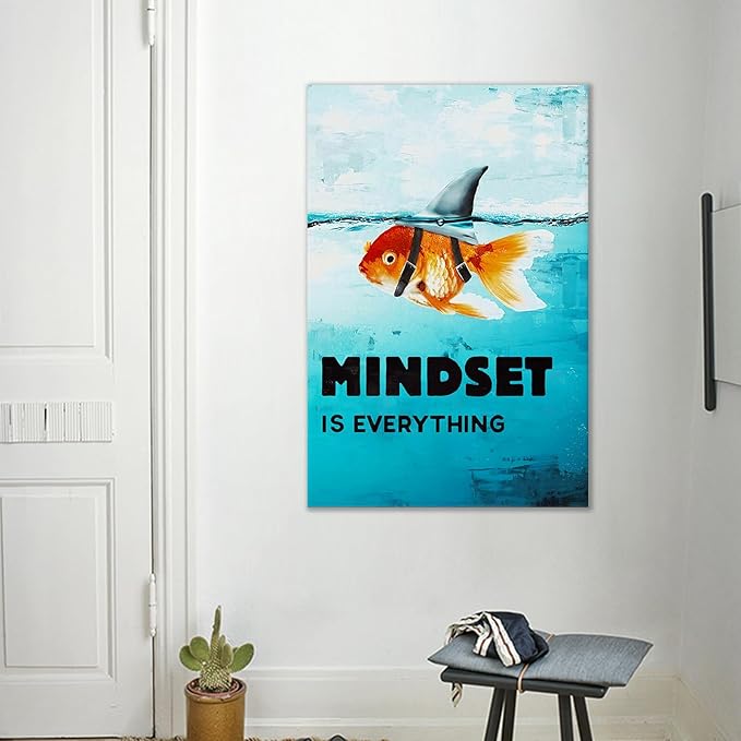 Mindset is Everything Poster Inspiration Wall Art Goldfish Pictures Big Shark Canvas Painting Poster Print Artwork Modern Home Decor for Living Room Bedroom Office Framed Ready to Hang [24''W x 36''H]