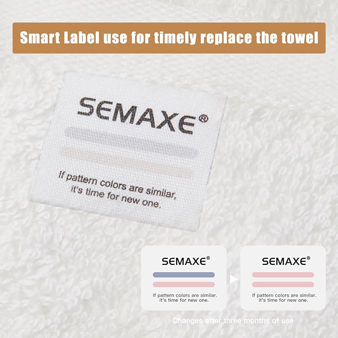 SEMAXE 18-Pack Bath Towel Set Include 6 Bath Towels, 6 Hand Towels, 6 Wash Cloths, 100% Cotton Bathroom Towels with Hanging Loops and Nano-Bio Lifecycle Labels, Soft and Absorbent Towel, White