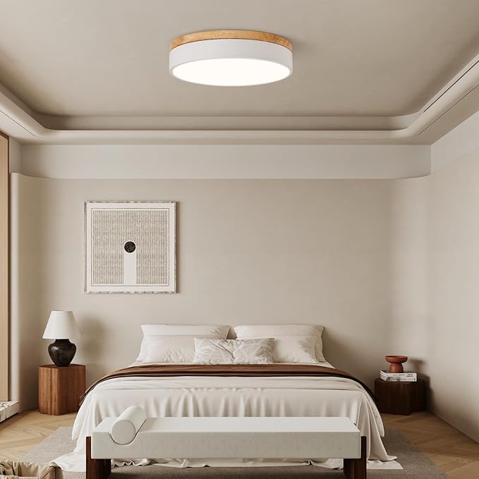 Led Flush Mount Ceiling Light: 11.8" Dimmable 5CCT Overhead Ceiling Lighting Fixture - Morden White Round Close to Ceil Lights - Flat Wood Minimalist Light Fixtures for Living Room Laundry Bedroom