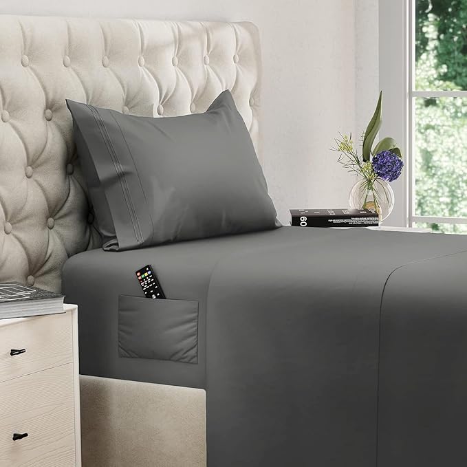 DREAMCARE Twin XL Sheet Sets – 3pcs Cooling Sheets – up to 21” Extra Deep Pocket Twin XL Sheets Set – Hotel Luxury Sheets & Pillowcases – Superior Softness 100% Fine Microfiber with Side Pocket –DGray