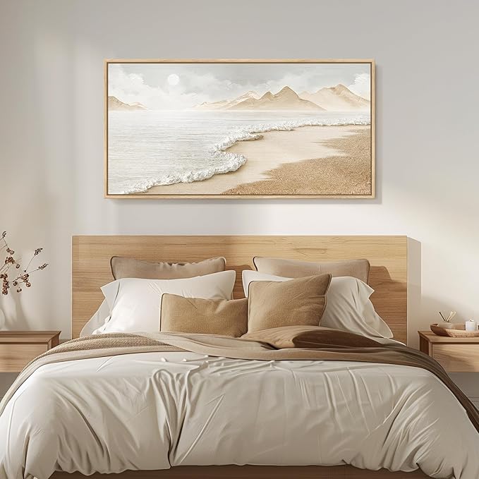Framed Boho Beach Coastal Wall Art for Living Room, Large Neutral Ocean Canvas Artworks for Walls, Horizontal Abstract Minimalist Coastal Art Print for Bedroom Kitchen Office Wall Decor, 20x40 Inch
