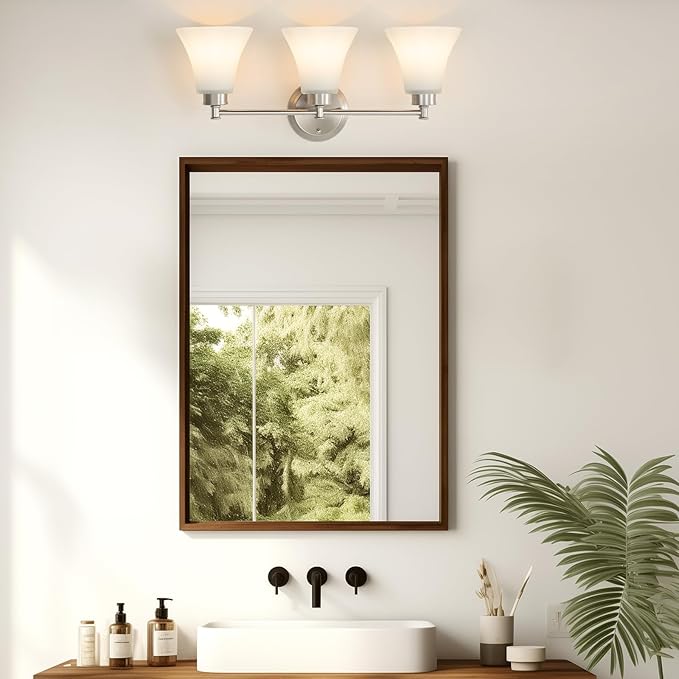 LOUSACE 3 Light Bathroom Vanity Light Vintage Brushed Nickel Bathroom Lighting Fixtures Over Mirror, Traditional Wall Sconce Lighting with Opal Glass Shade, Nickel Vanity Lighting Fixture