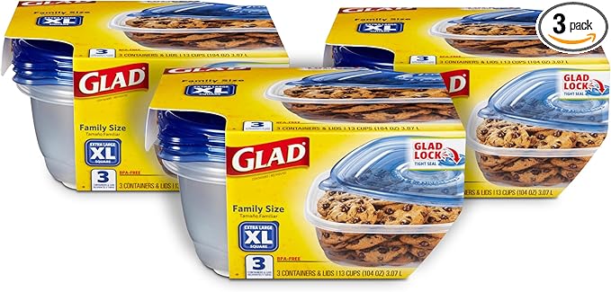 Glad Family Size Food Storage Containers, XL Square (104 Oz) - 3 Count, Standard