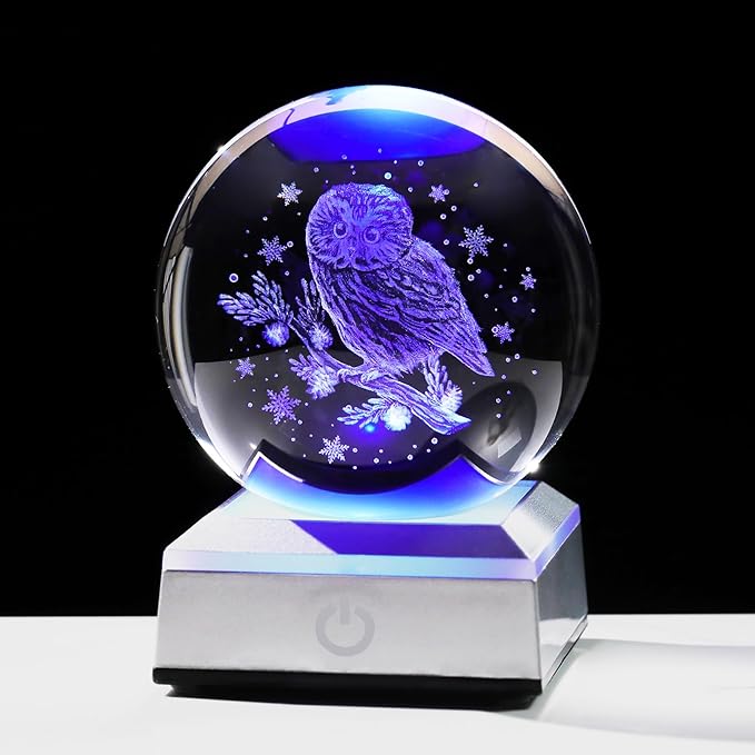 Ornalrist 3.15" Crystal Ball 3D Engraved Owl with Snowflake Gifts for Women Men Children Glass Sphere with LED Colorful Base Ideas on Birthday Christmas for Home Decor Figurine