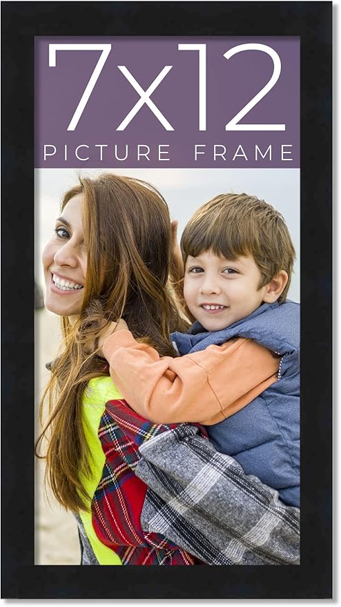 7x12 Frame Black Real Wood Picture Frame Width 0.75 Inches | Interior Frame Depth 0.5 Inches | Noir Classique Mid Century Photo Frame Complete with UV Acrylic, Foam Board Backing & Hanging Hardware