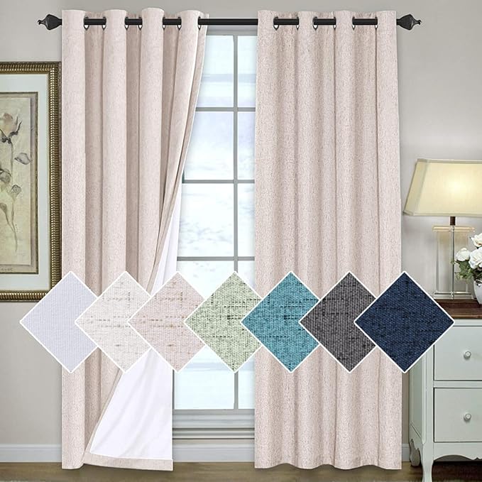H.VERSAILTEX 100% Blackout Curtains for Bedroom 96 Inches Long Grommet Linen Face Full Light Blocking Curtain Drapes for Living Room Thermal Linen Look Curtains 2 Panels Set, 52" W x 96" L, Natural