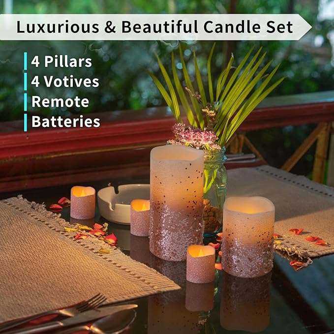 FURORA LIGHTING Pink Glitter LED Candles with Remote and Timer, 4 Pillars and 4 Votives Pack of 8, Real Wax Flameless Flickering Candles for Home Décor, Battery Included