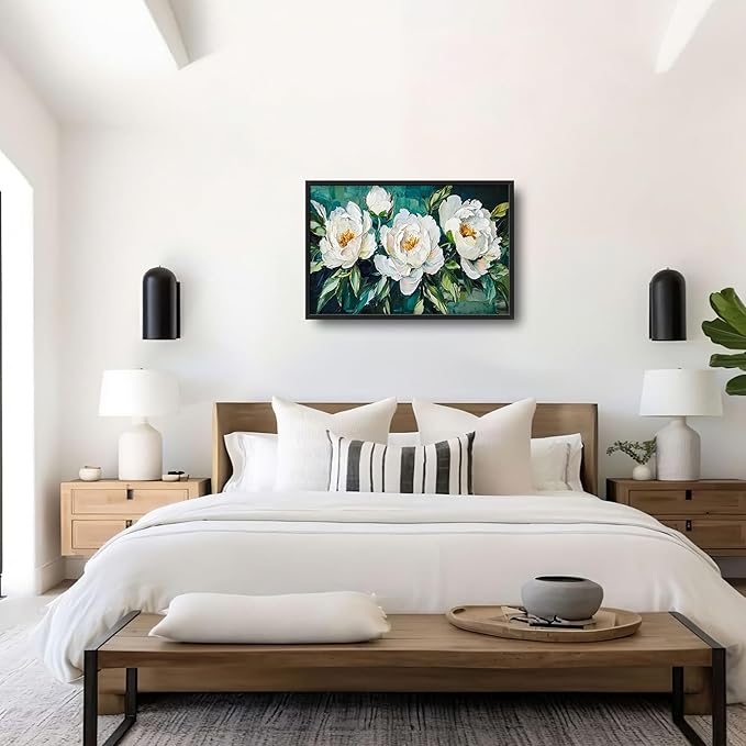 White Flower Large Wall Art for Living Room, Peoney Floral Oversized Wall Decor Pictures, Rustic Framed Canvas Print Painting, Modern Artwork for Bedroom Office Home Decor 36"x24"