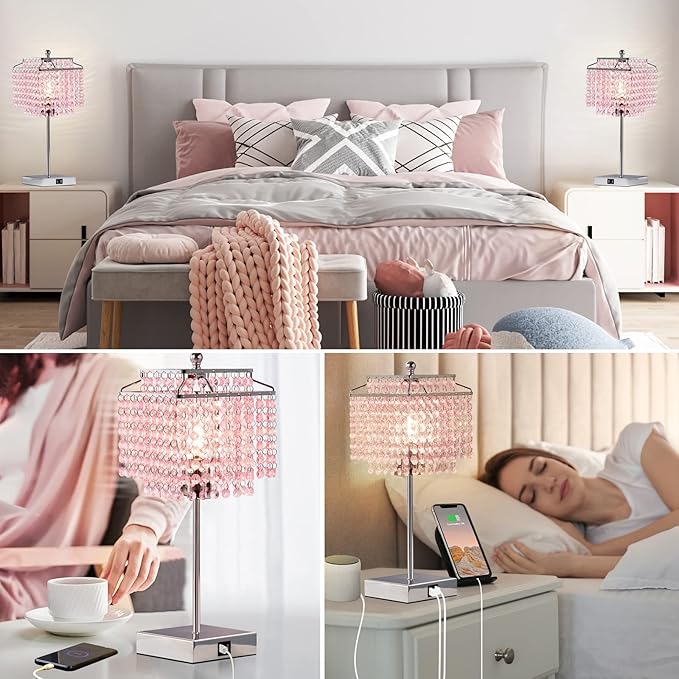 Luvkczc Set of 2 Bedside Pink Crystal Table Lamp, Touch Control Crystal Lamp, 3-Way Dimmable Lamp for Bedroom, Girl Living Room, 6W B11 Bulb Included