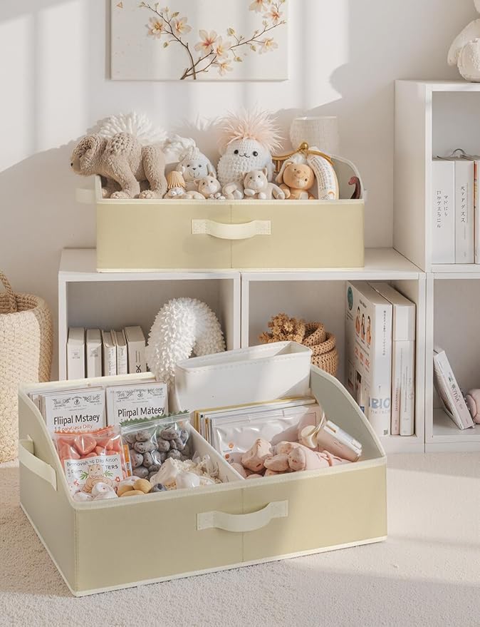 StorageWorks Closet Storage Bins, Trapezoid Organizer Box for Shelves, Fabric Clothes Bin, Foldable Organizing Baskets with Handles, Large, Light Brown, 3-Pack