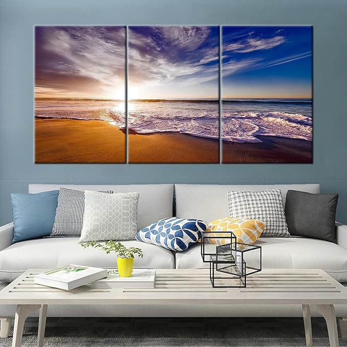 Beach Sunset Wall Decor Large Poster Wall ArtNatural Landscape Sea Waves Print on Canvas HD Picture Painting Artwork for Modern Home Living Room Gym Office Stretched and Framed [72''W x 36''H]