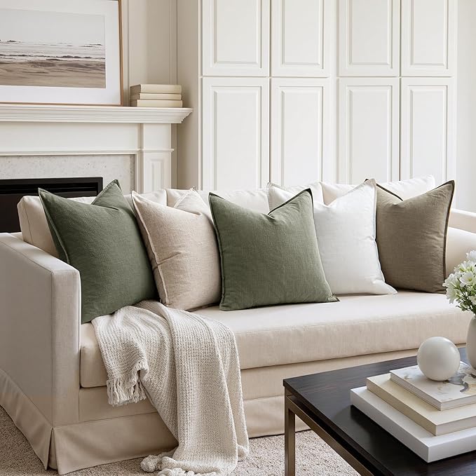 MIULEE Decorative Linen Pillow Covers 18x18 Inch Olive Green Boho FarmhouseNeutral Couch Throw Pillows for Bed Pack of 2 Accent Outdoor Pillowcase Modern Sofa Cushion Livingroom Home Decor